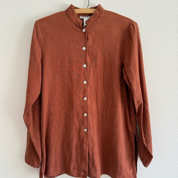 Tweeds Brown Linen Button Up Tunic with Mandarin Collar - Picture 1 of 7